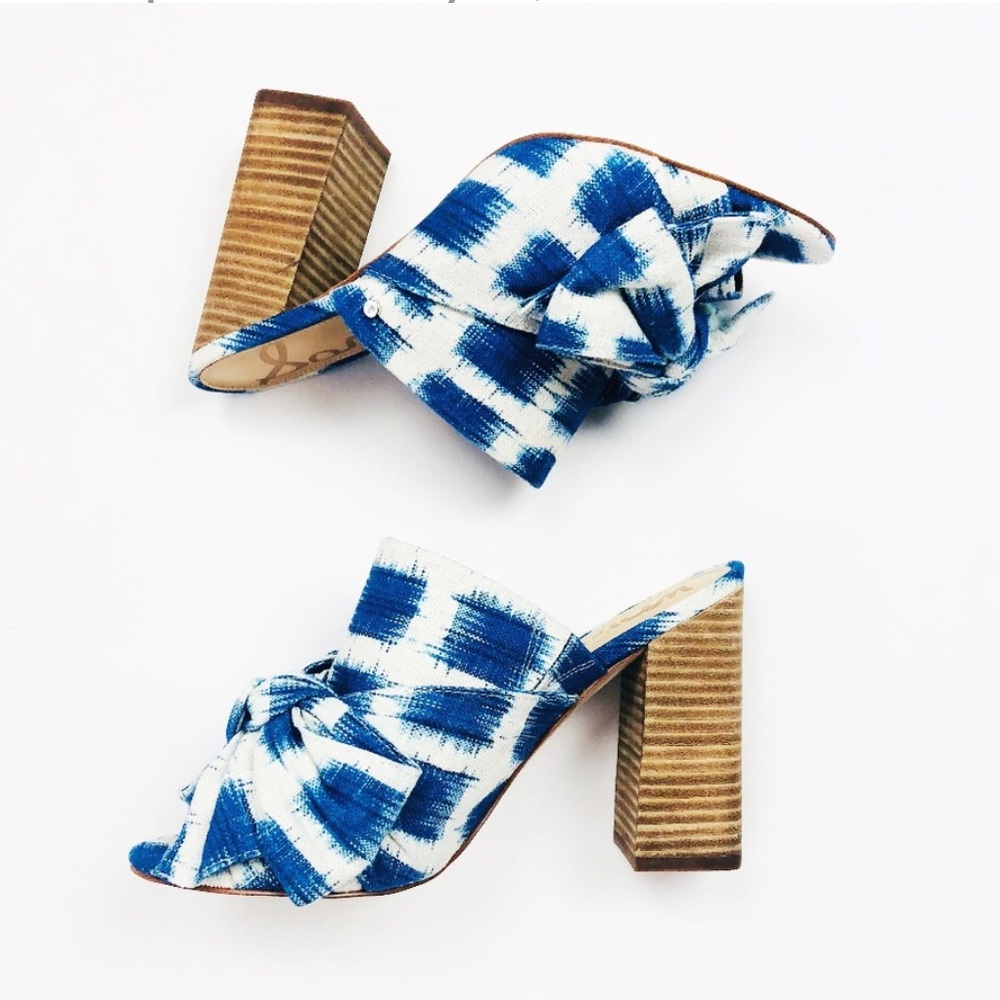 SAM EDELMAN Yumi Bow Block Heel Mule Blue/White